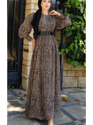 Kahverengi Balon Kol Simli Şifon Elbise Kahverengi Balon Kol Simli Şifon Elbise