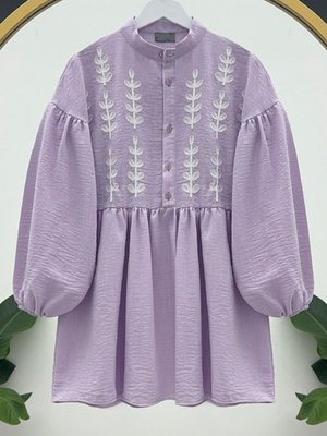 Açık Lila Panç İşlemeli Yarım Düğmeli Keten Tunik