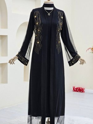 Bakır Önü Ve Manşeti Taşlı Abaya