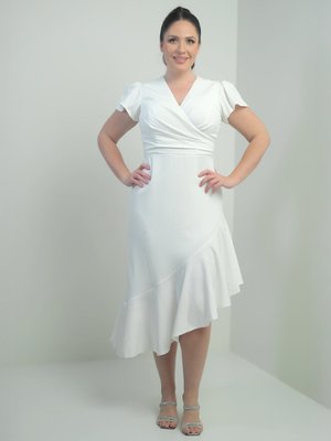 Ekru Kruvaze Yaka Önü Drapeli Astarlı Eteği Volanlı Büyük Beden Krep Elbise