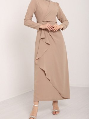 Bej Önü Allerli Eteği Asimetrik Krep Elbise
