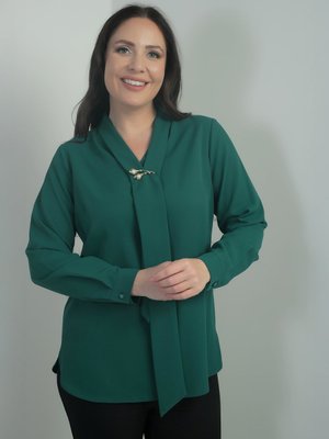 Koyu Yeşil V Yaka Fularlı Krep Saten Büyük Beden Bluz