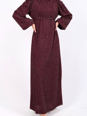 Bordo Kolu Lastikli Sim Çizgili Kemerli Elbise