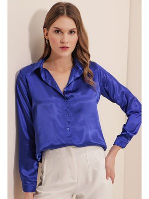 Saks Hafif Dökümlü Saten Gömlek Saks Hafif Dökümlü Saten Gömlek