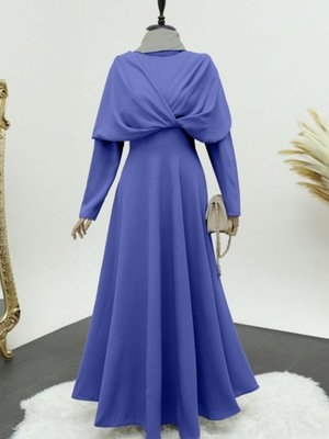 İndigo Önü Çapraz Çift Kat Hakim Yaka Krep Elbise