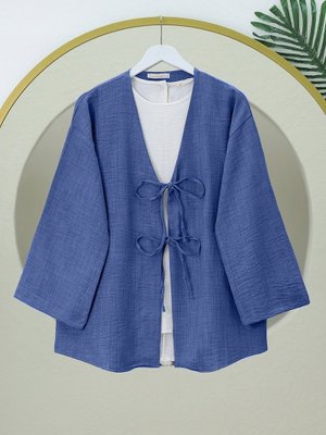 İndigo Önü Bağcıklı Keten Kimono