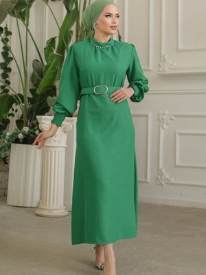 Koyu Yeşil Yakası Taşlı Büzgü Kollu Kemerli Keten Elbise