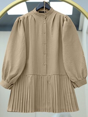 Vizon Beli Bağlamalı Yarım Düğmeli Pileli Tunik