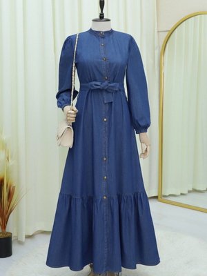 İndigo Boydan Düğmeli Eteği Fırfırlı Kot Elbise