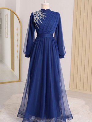 Saks Önü Taş Detaylı Drapeli Kemerli Tül Abiye Elbise