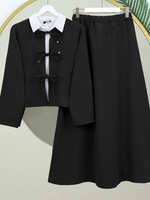 Siyah Önü Bağcıklı Beli Lastikli Çan Etekli Takım