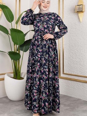 Lacivert Asel Çiçekli Viskon Elbise
