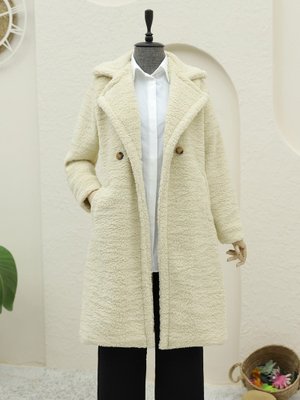 Açık Vizon Çift Düğmeli Astarlı Yan Cepli Peluş Kaban