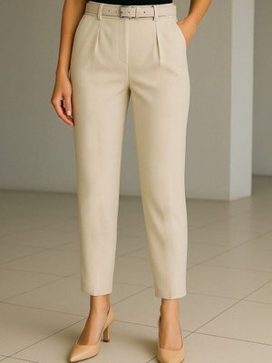 Bej Beli Kemerli Çift Cepli Pantolon
