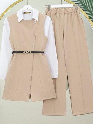 Bej Kemerli Düğmeli Uzun Yelek