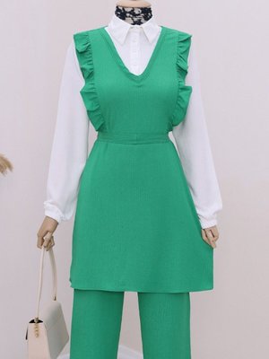 Yeşil Önü Fırfırlı Yarım Düğmeli Gömlek Yaka İkili Krınkıl Takım