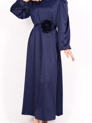 Lacivert Balon Kol Kemerli Taşlı Saten Abiye Elbise