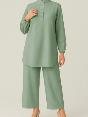 Su Yeşili Yarım Düğmeli Koli Lastikli Dik Yaka Keten İkili Takım Su Yeşili Yarım Düğmeli Koli Lastikli Dik Yaka Keten İkili Takım