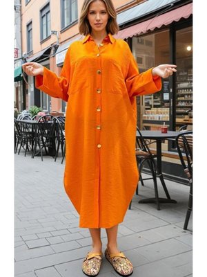Oversize Turuncu Keten Karışımlı Gömlek Tunik Oversize Turuncu Keten Karışımlı Gömlek Tunik