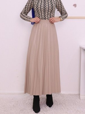 Krem Uzun Beli Lastikli Pliseli Deri Etek