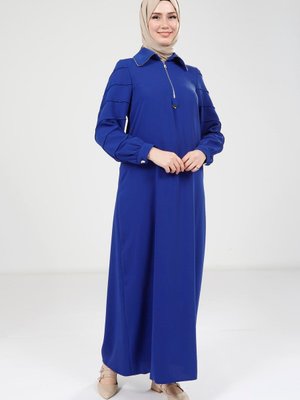 Saks Mavisi Fermuarlı Elbise