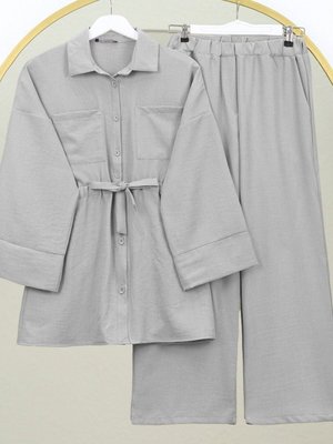 Gri Çift Cepli Tünel Bağcıklı Pantolonlu İkili Takım