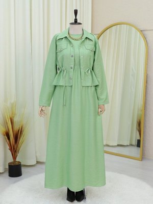 A.yeşil Metal Düğmeli Beli Bağlamalı Jile Gömlek Elbise