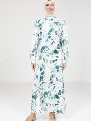 Zümrüt Yeşili Seyyar Kemerli Baskılı Elbise