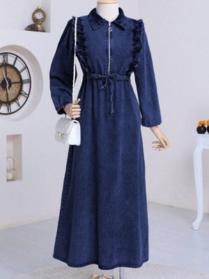 Lacivert Robadan Fırfırlı Belden Büzgü Kot Elbise