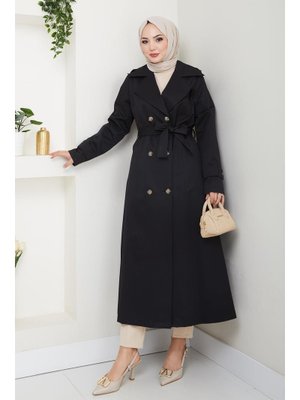 Düğmeli Kuşaklı Siyah Trençkot