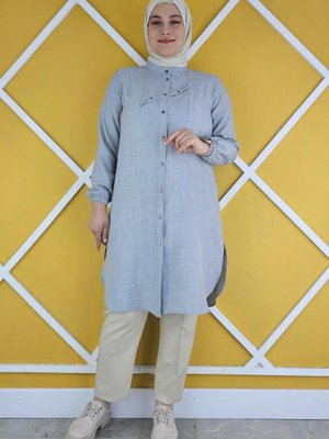 Gri Çapraz Aller Ve Taş Detaylı Gömlek