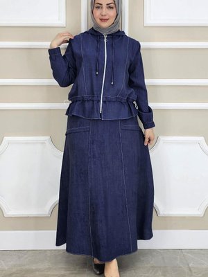 Lacivert Kapüşonlu Etekli İkili Takım