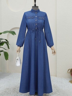 İndigo Taşlı Cep Detaylı Tünel Bağcıklı Kot Elbise