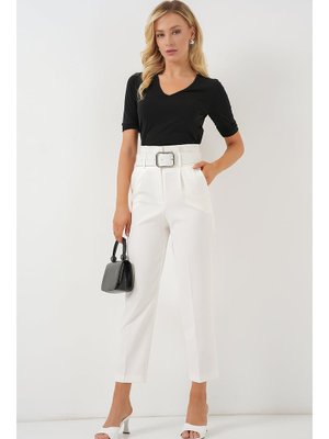 Ekru Kemerli Kumaş Pantolon Ekru Kemerli Kumaş Pantolon