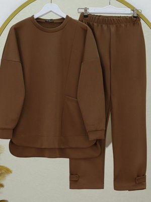 Kahve Tek Cepli Pantolonlu Skuba İkili Takım