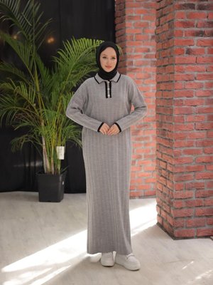 Gri Ankanoor Düğmeli Yaka Detaylı Triko Elbise