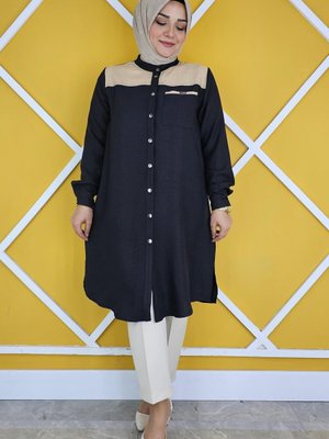 Siyah Dik Yaka Taş Detaylı Gömlek