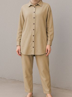 Vizon Boydan Düğmeli Pantolon Gömlek Keten İkili Takım
