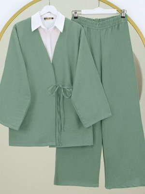 Mint Önden Bağlamalı Pantolonlu Kimono İkili Takım Mint Önden Bağlamalı Pantolonlu Kimono İkili Takım