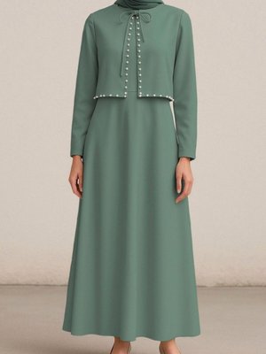 Mint İnci Detaylı Yakası Bağlamalı Yelekli Elbise