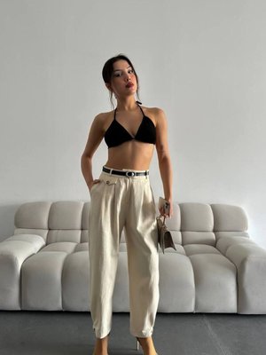 Krem Kemerli Ham Keten Pantolon