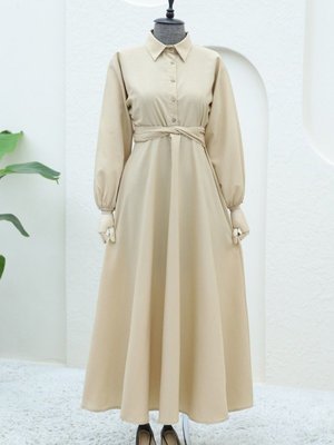 Açık Vizon Yarım Düğmeli Beli Bağlamalı Elbise