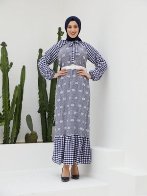 Mavi Ankanoor Pötikare Reglan Kol Nakışlı Elbise