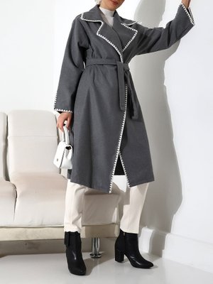 Gri Çoban Dikiş Belden Bağlamalı Kaşe Kaban