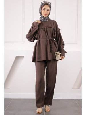 Kahverengi Beli İpli Tunik Pantolonlu Modal Takım