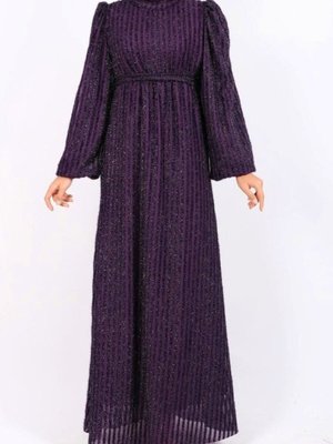 Mor Kolu Lastikli Sim Çizgili Kemerli Elbise