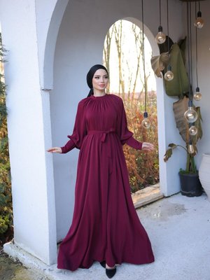 Bordo Ankanoor Reglan Kol Büzgülü Elbise