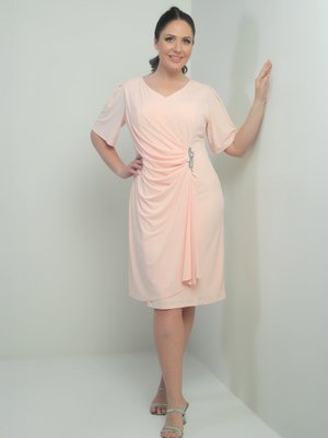 Somon V Yaka Önü Büzgülü Taş Detaylı Astarlı Büyük Beden Likralı Elbise