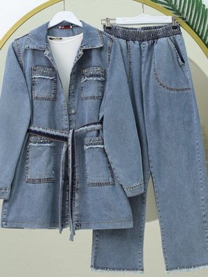 Buz Mavi Taş Detaylı Ceket Pantolon Kot İkili Takım