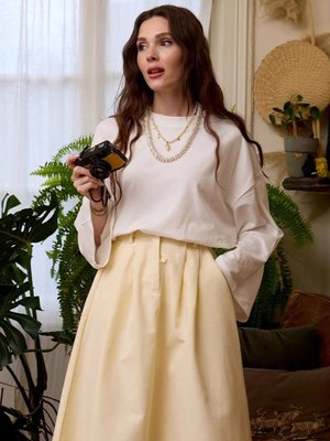 Sarı Keten Tek Düğmeli Etek